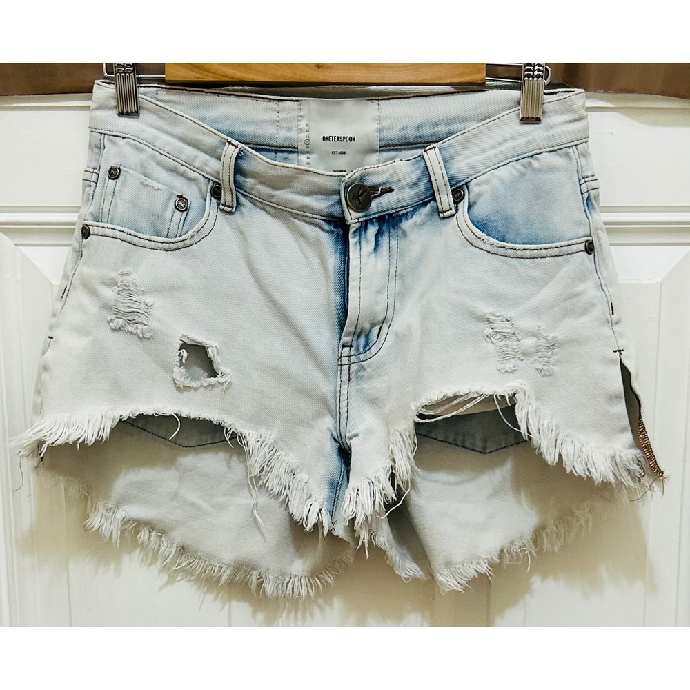 OneTeaspoon Womens Distressed Denim Shorts Light Wash Frayed Hem Size 25